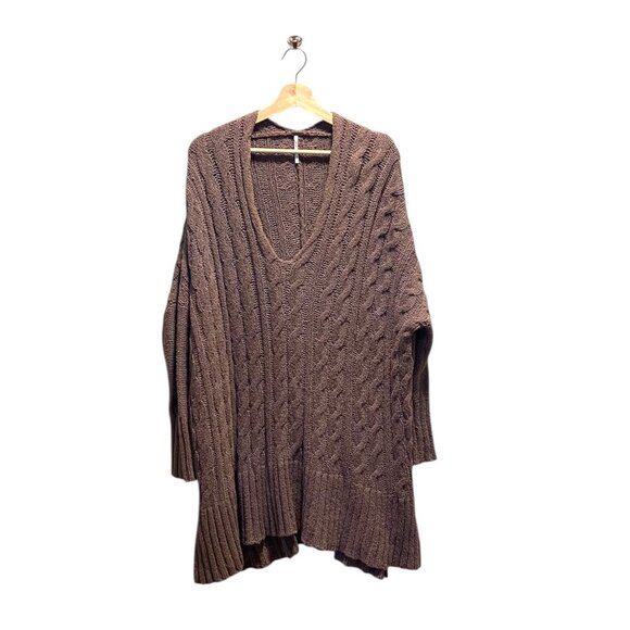 Free People Easy Cable V Neck Sweater Mocha Size L Boho Oversized Winter Neutral - Picture 2 of 14